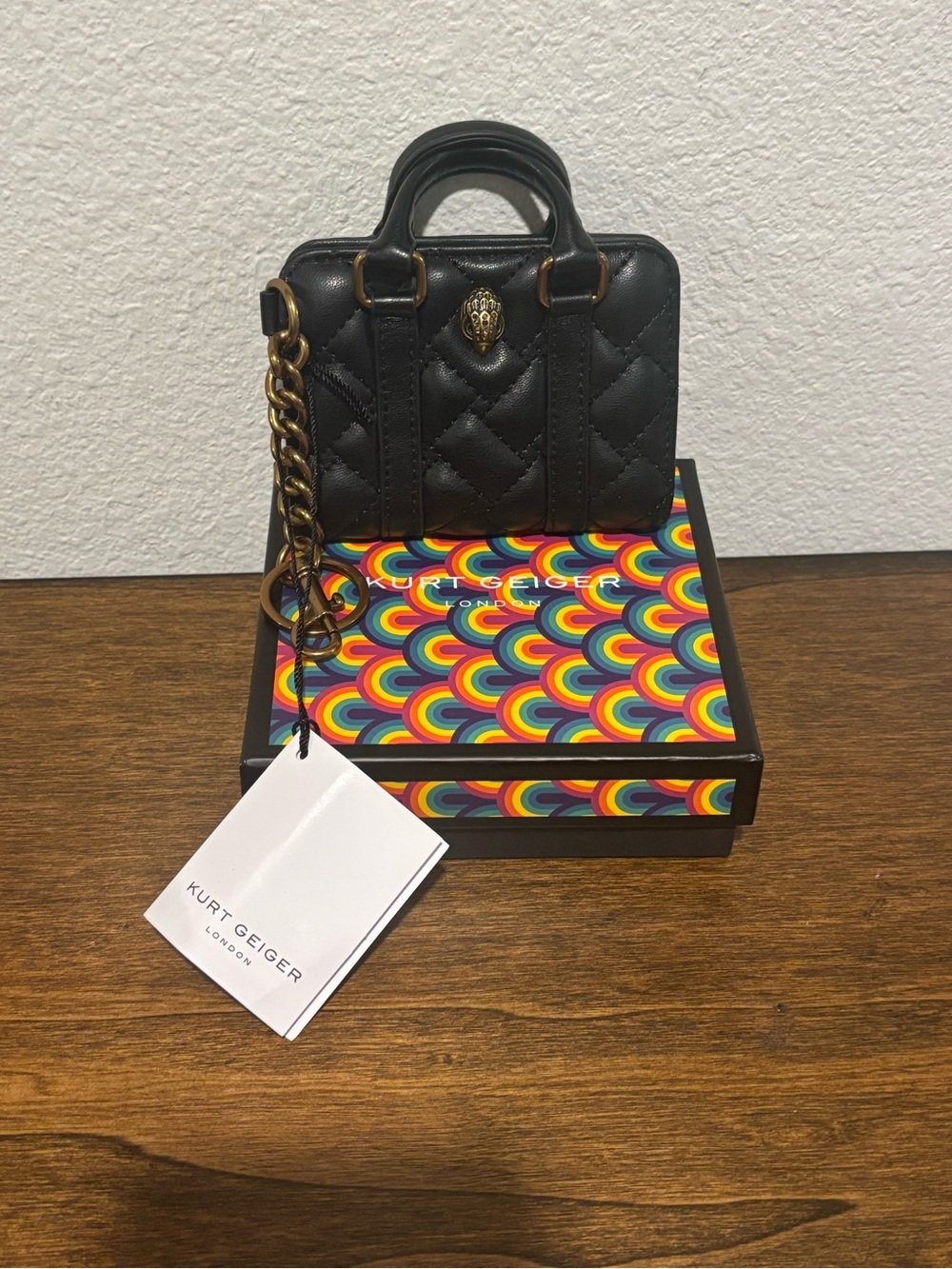 Kurt Geiger Black Quilted Card Holder/Bag Charm with Gold Chain Detail